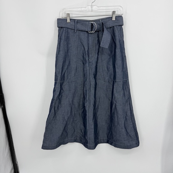 Banana Republic tencel Linen Chambray Maxi Skirt indigo blue belted a-line sz 4 - Picture 2 of 10